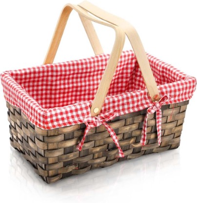 Picture of Yesland Small Picnic Basket, Woven Basket with Double Folding Handles, Wicker Basket & Organizer Blanket Storage with Red and White Liner for Egg Gathering, Wedding, Candy (13.5 x 8.25 x 6.5 Inches)