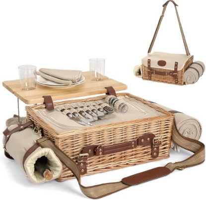Picture of Multifunctional Wicker Picnic Basket Set for 2 with Blanket and Picnic Table, Insulated Picnic Set with Full Tablewares for Camping Outdoor Couples,Natural