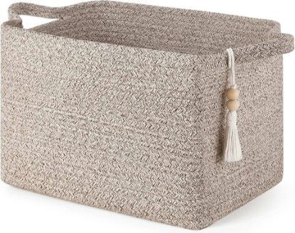Picture of Mkono Woven Storage Basket, Cube Cotton Rope Basket for Shelves, 13"x10"x9" | Organizes Shoes Clothes Toys Towels Books, Gift Basket, Wooden Beads Tassel, Rectangle Bin, Fits Entryway Bedroom Living Room