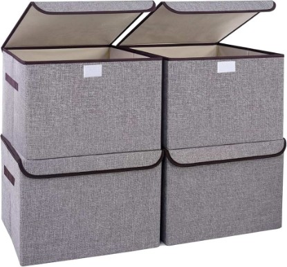 Picture of Large 22 Quart Linen Fabric Foldable Storage Bin Cube Organizer Basket with Flip-Top Lid & Handles, Clothes Blanket Box for Home, Office, Closet, Gray, 4 Pack 14.6 x 9.5 x 9.5” Global Recycled Standard
