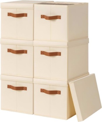 Picture of Storage Bins with Lids - Fabric Storage Baskets for Shelves, 6 Pack Foldable Decorative Boxes with Handles, Stackable Organizer Bins for Home, Nursery, Dorm, Beige Global Recycled Standard