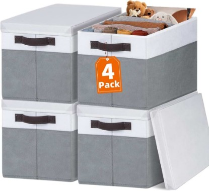Picture of Large Closet Storage Baskets Bins with Lids 4 Pack, Storage Baskets for Organizing Shelves Nursery Bedroom, Home Dorm Closet Organizers Cubes for Clothes Toys Blanket Book - Stackable -14x10x9.5