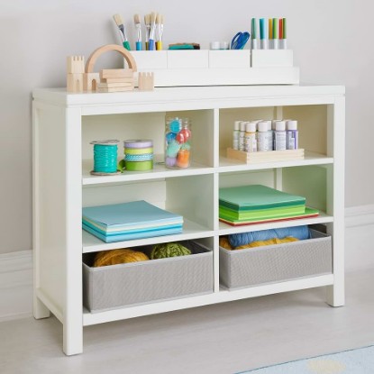 Picture of Martha Stewart Crafting Kids' Double Open Storage - Linen White: Wooden Shelving with Bins, 6 Compartment Art Supply Organizer for Playroom