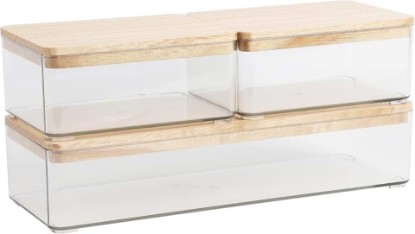 Picture of Martha Stewart Grady Storage Boxes with Wood Lids, Natural, 3-Pack | Paulownia Wood Lids, Stackable, Clear Plastic Boxes