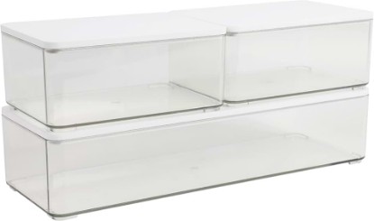Picture of Martha Stewart Grady Storage Boxes with Wood Lids, White, 3-Pack | Engineered Wood Lids, Stackable, Clear Plastic Boxes