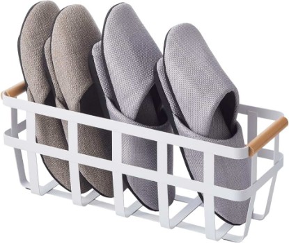 Picture of YAMAZAKI Home Storage Basket - Home Organizer Bin Holder with Wooden Handle Steel + Wood Small White