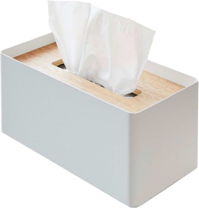 Picture of YAMAZAKI Home Rin Reusable Tissue Box Cover Metal Holder Container Case with Natural Wooden Lid - Steel