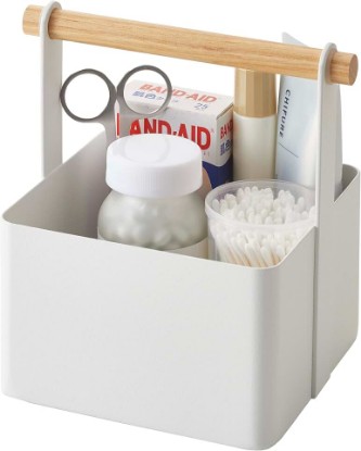 Picture of YAMAZAKI Home Tosca Storage Basket - Wood Handle Organizer - Small - Steel + Wood