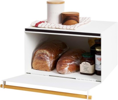 Picture of YAMAZAKI Home Modern Bread Box – Steel + Wood Countertop Bread Storage Container, Large White Bread Box for Kitchen Countertop, Space-Saving Bread Keeper, Easy Access Lid | Large bread box for kitchen countertops. Features an easy-access lid to keep bread fresh. Perfect for modern home storage.