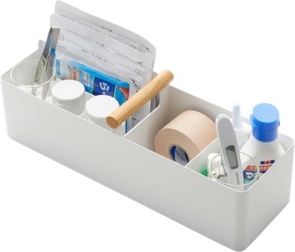 Picture of YAMAZAKI Home Slim Storage Box with Wood Handle, Magnetic Dividers, White | Slim storage box with a natural wood handle. Adjustable magnetic dividers are ideal for organizing makeup or medications.