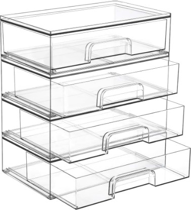 Picture of Vtopmart Clear Stackable Storage Drawers, 4 Pack Wide Plastic Organizers | Clear Pull-Out Plastic Drawers, Stackable Design for Makeup Palettes, Cosmetics, Beauty Supplies, Vanity, Cabinet and Desk