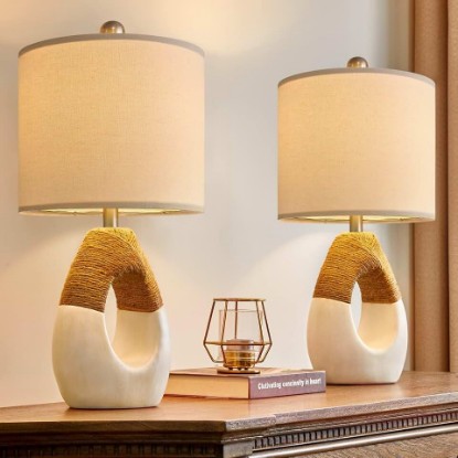 Picture of 19'' Small Boho Table Lamps for Bedroom Set of 2, Farmhouse Rattan Bedroom Lamps for Living Room Rustic Home Decor, Nightstand Bedside Lamps for Sofa Table Entry Way, Suitable for Small Places
