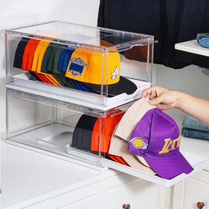Picture of Vtopmart 2 Pack Stackable Baseball Caps Organizer, Each Holds 12 hats | with Sliding Drawer, Magnetic Door, Stackable, Transparent ClimeCo Certified