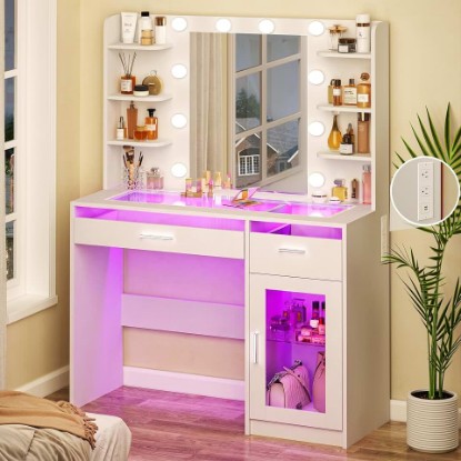 Picture of HUAHUU Vanity Desk with Mirror and Lights, Makeup Vanity Desk with Lights 3 Colors, Transparent Top Vanity with 2 RGB Drawers, 6 Shelves, Large Tempered Cabinet, Power Outlet, for Bedroom, White The Forest Stewardship Council