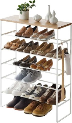 Picture of YAMAZAKI Home Six-Tier Shoe Organizer – Tall Slim Shoe Rack for Entryway or Closet, Narrow Metal Shoe Storage with Wooden Top, Modern Space-Saving Design, Steel, White, Easy Assembly