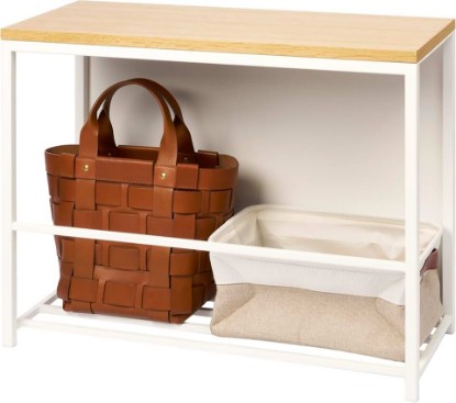 Picture of YAMAZAKI Home Storage Bench, Entryway Mudroom Shelf with Wood Bench, White | Metal entrance mudroom storage shelf rack for slippers, shoes, boots, or bags. Designed for convenient home organization.