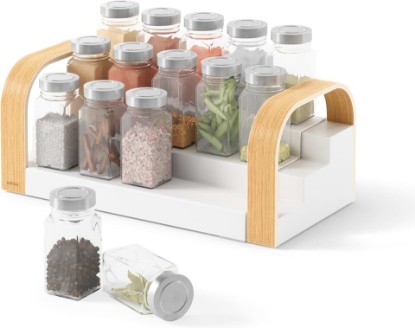 Picture of Umbra Bellwood Spice Shelf, Expandable Three-Tier, White/Natural | Pantry organizer, no assembly, large capacity storage, fits cabinets and drawers