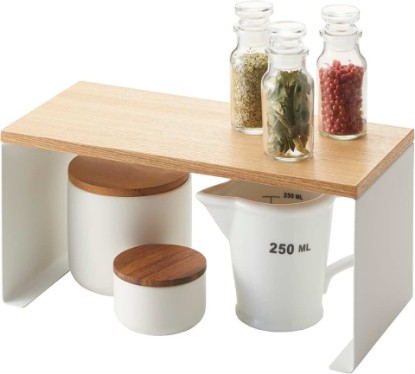 Picture of YAMAZAKI Home Tosca Wood-Top Stackable Kitchen Rack - Modern Counter Shelf Organizer - Small - Steel + Wood - Stack Up to Two