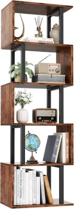 Picture of Furologee 6 Tier Bookshelf, S Shaped Geometric Bookcase, Rustic Brown | 57.5'' Tall Industrial Display Shelf Standing Unit, Room Divider Shelf for Bedroom, Living room, Office