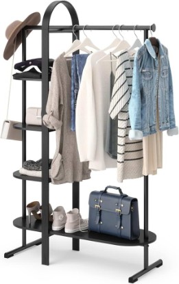 Picture of Umbra Bellwood Garment Rack, Shoe Rack with Shelves, Black | Eucalyptus wood construction, space saving design, multi functional storage, 121 lb weight capacity, wipe clean surface