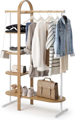 Picture of Umbra Bellwood Garment Rack, Shoe Rack with Shelves, White/Natural | Eucalyptus wood construction, space saving design, multi functional storage, 121 lb weight capacity, wipe clean surface