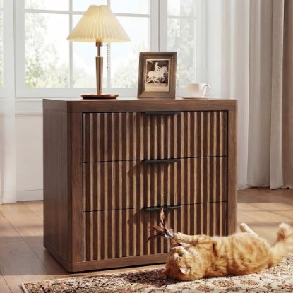 Picture of 23" Wide Fluted Night Stand with 3 Drawers, Bedroom End Table | Modern Nightstand, Metal Handle, Large Storage Bed Side Table for Bedroom, Living Room, Office, Walnut