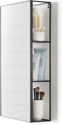 Picture of Umbra Cubiko 24x12" Rectangular Black Metal Bathroom Mirror Storage Cabinet with 3 Shelves | 3 shelves, holds up to 40 lb, rust-resistant powder-coated steel, hidden storage