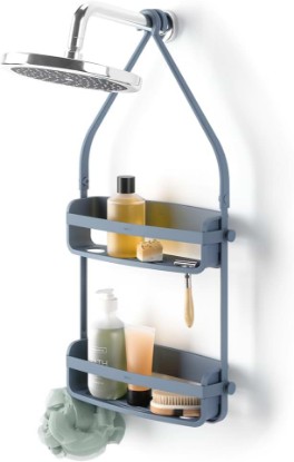 Picture of Umbra Flex Shower Caddy, Hanging 2 Shelves Bathroom Organizer, Slate Blue | Flexible silicone bands, drainage system, mold resistant, bottle collars, overhead mount