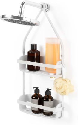 Picture of Umbra Flex Shower Caddy, Hanging 2 Shelves Bathroom Organizer, White | Flexible silicone bands, drainage system, mold resistant, bottle collars, overhead mount