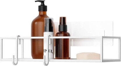 Picture of Umbra Cubiko Shower Caddy, Metal Floating Adhesive, Set of 2, White | Non-damaging wall mount, rust resistant, holds 10 lbs per bin, includes hooks