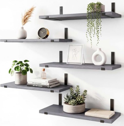 Picture of Fixwal Width 4.75 Inches Floating Wall Shelves, Set of 5, Grey | Rustic solid wood shelf, 0.65in thick board, holds up to 42 lbs. Fits bathroom, kitchen, bedroom, living room, or office.