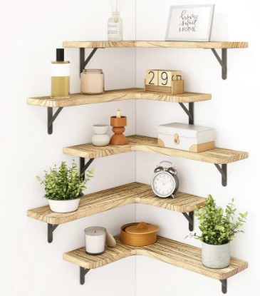 Picture of Fixwal Conner Shelves Wall Mounted for Decor, Carbonized Black 5pcs | Solid wood shelf with metal brackets, holds 40 lbs. Optimizes corner storage. Fits bathroom, kitchen, bedroom & living room.