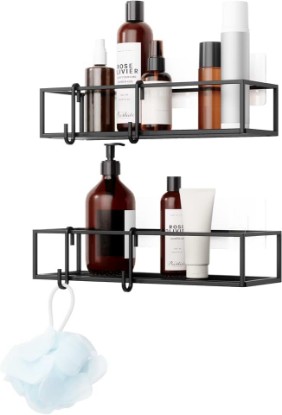 Picture of Umbra Cubiko Shower Caddy, Metal Floating Adhesive, Set of 2, Black | Non-damaging wall mount, rust resistant, holds 10 lbs per bin, includes hooks