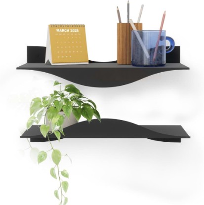 Picture of Umbra Surf Wall Shelves, Floating Metal for Wall Storage, Set of 2, Black | Powder-coated steel, holds 15 lbs each, hidden connector system, multiple orientations, easy mount hardware