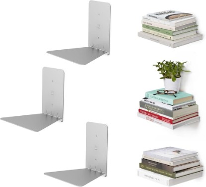 Picture of Umbra Conceal Floating Bookshelf, Metal Wall Shelf, Set of 3, Small, Silver | Powder coated steel, holds 15 lbs each, displays decor or plants, includes mounting hardware