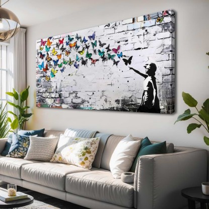 Picture of Colorful Graffiti Wall Art Funny Butterfly Paintings Banksy Street Art Mural Pop Art Home Office Wall Decor Framed Canvas Wall Decor for Living Room Ready to Hang -58x28in