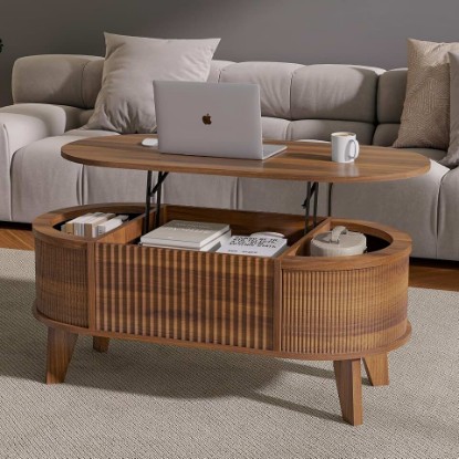 Picture of LYNCOHOME 43.3'' Fluted Lift Top Coffee Table with Storage,Modern Oval Coffee Table for Living Room or Home Office（Walnut） The Forest Stewardship Council