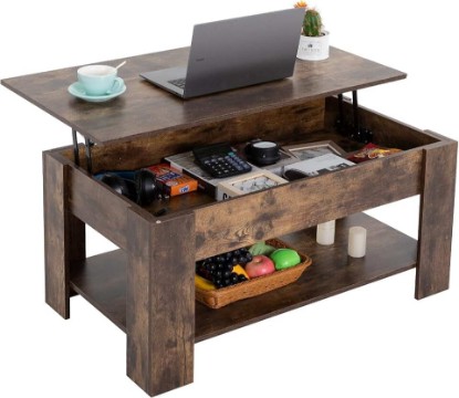Picture of FDW Lift Top Coffee Table with Hidden Compartment and Storage Shelf Wooden Lift Tabletop for Home Living Room Reception Room Office,39.4",Brown | Rectangular Coffee Table with Smooth Hydraulic Lift Mechanism & Shelves | Easy Assembly | For Home, Office, Living Room
