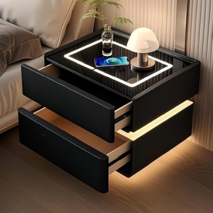 Picture of Smart Nightstand with Wireless Charging, Black Nightstand with LED Sensor Light, Smart Solid Wood Bedside Table with Drawers, Modern Bedside Table for Bedroom