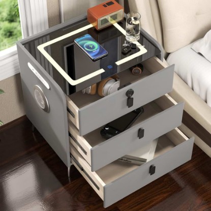 Picture of Smart Nightstand with Wireless Charging, with Fingerprint Lock | Grey Nightstand with 3 Drawers, 2 USB Ports, LED Lights Bluetooth Speaker Smart Bedside Table, Modern Nightstand for Bedroom