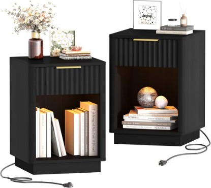 Picture of Akxomel Fluted Nightstand Set 2 Bedside Table with Charging Station Black | Wooden Side Table with LED Light, Modern Mid Century End Table with Drawer, 15" D x 15.7" W x 22.6" H, for Bedroom