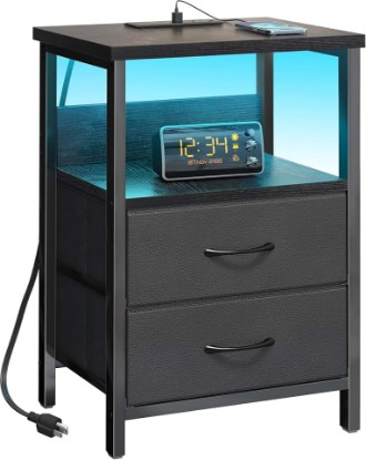 Picture of Fixwal Night Stand with Charging Station, Black Led Nightstand, 2 Drawers | fabric drawer, built-in bedside charger, 2 AC outlets & 2 USB ports, open top shelf, small bedroom furniture, end table