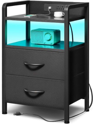 Picture of Lazzanto Nightstand with Rear Charging Station, LED Light, 2 Drawers, Black | Industrial Nightstand, 2 USB-A Ports & AC Outlets, Raised Back Guard, Fabric Storage Drawers, Bedside Table for Bedroom, Dorm The Forest Stewardship Council