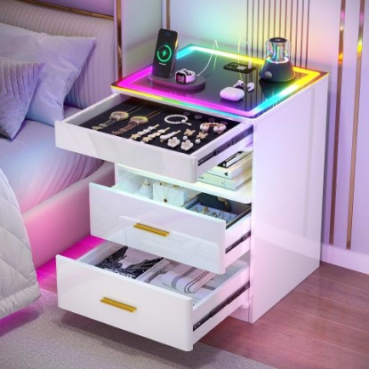 Picture of Glass Top Smart Nightstand with RGB Lights & Human Body Induction - White | APP Control, Hidden Drawer with Lockable Keys, Metal Rails, Dynamic & Static Lights, USB &Type-C Charging, Timer Setting