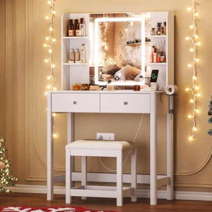 Picture of Vanity Desk with LED Mirror, 3 Lighting Modes and Chair | Small Makeup Vanity Table Set with Drawers, Dressing Table with Power Outlet for Girls Bedroom, White
