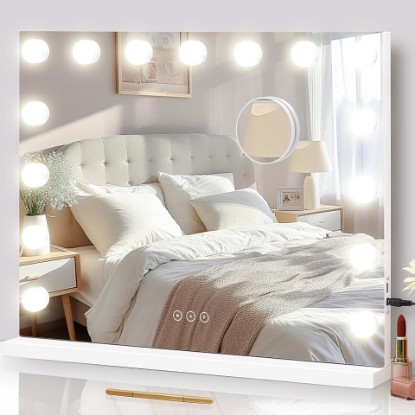 Picture of Vanity Mirror with Lights Lighted Makeup Mirror with 15 Dimmable LED Bulbs,3 Color Lighting Modes,USB Charging Port Touch Control,Sturdy Metal Frame Design 22.8x18 Inch,White