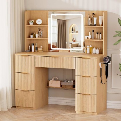 Picture of LIVELYGLOW 43" Large Natural Wood Makeup Vanity Desk with Charging Station | Fluted Design, Smart LED Mirror, Hairdryer Holder, 7 Drawers