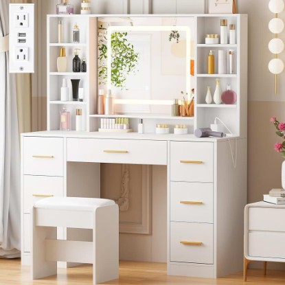 Picture of ANWBROAD 39.4" White Vanity Desk with Lighted Mirror & Adjustable Lights | Girls Makeup Vanity Set with Charging Station,Cushioned Stool, 7 Drawers,6 Shelves, Dressing Table for Bedroom Dressing Room