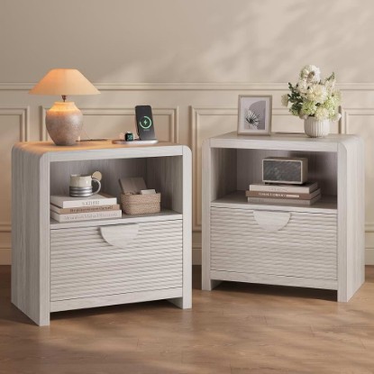 Picture of Fluted Nightstands Set of 2 with Charging Station, 23" Wide Wood Bedside Tables with Drawer and Open Compartment, Mid Century End Tables for Bedroom, Home Office, Gray Oak