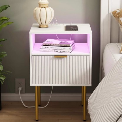 Picture of Modern Nightstand with Charging Station and LED Lights, White Bedside Table with Drawer, Fluted Side Table for Living Room, Bedroom